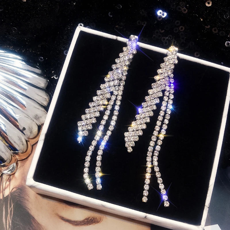 Shiny Crystal Zircon Long Stud Earrings for Women Geometric Hanging Drop Tassel Earring Fashion Party Vintage Pendant Jewelry
