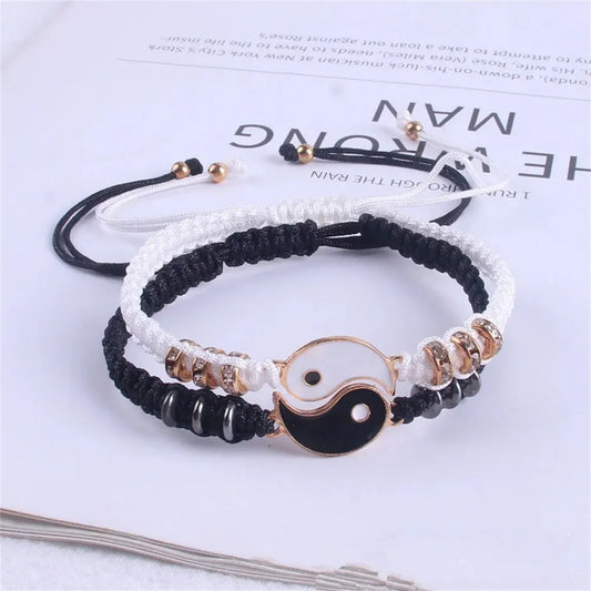 Adjustable Couple Bracelets Black White Rope Yin Yang Zinc Alloy Lovers Set