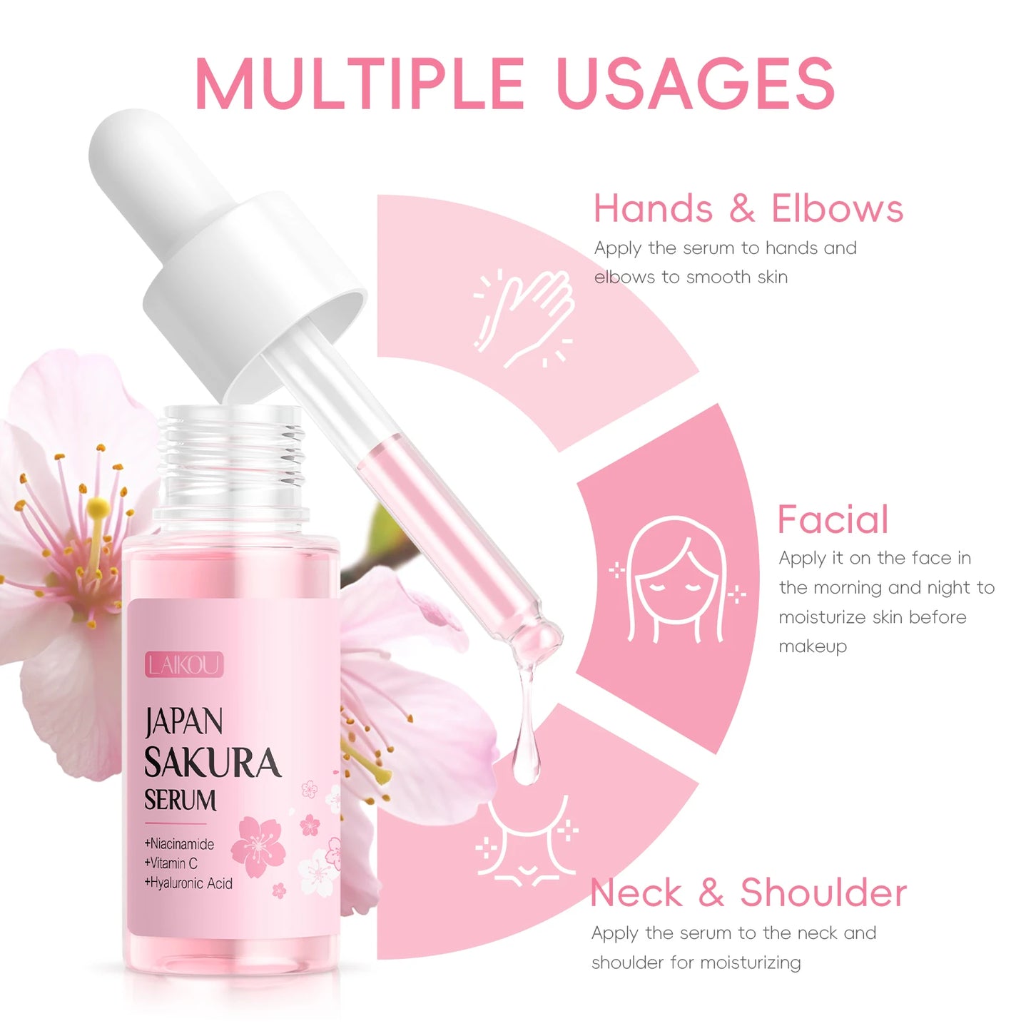LAIKOU Japan Sakura Serum 17ml Tighten Pores Moisturizing Balance Skin Tone Brightening Facial Essence