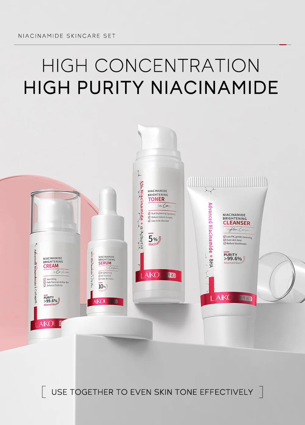 LAIKOU PRO Niacinamide Radiant Skin Care Set -Low PH Cleanser , Moisturizing Toner , Deep Nourishing Serum - Rejuvenate Cream