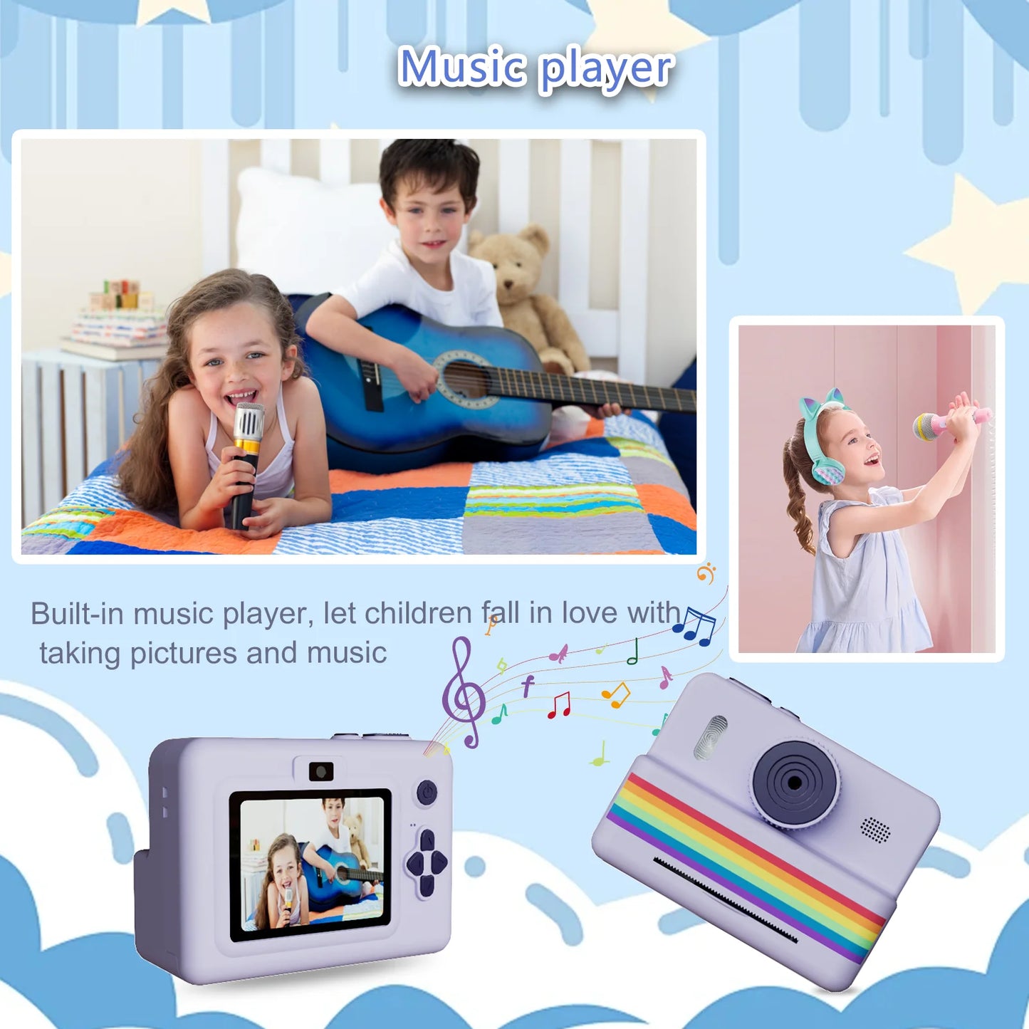 Kids Instant Camera with 32GB Memory Card & Color Pencil, Dual Cameras, Flashlight, the Perfect Gift for Boys and Girls.