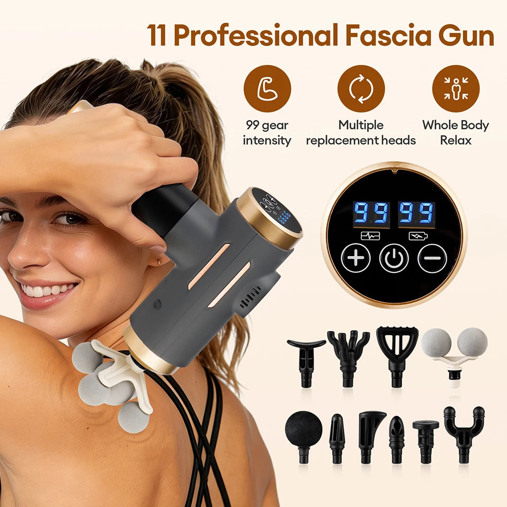 11-IN-1 Electric Massage Gun 99 Level Powerful Fascia Gun High-Frequency Vibration Body Massage Gun Arms Leg Muscle Masajeador