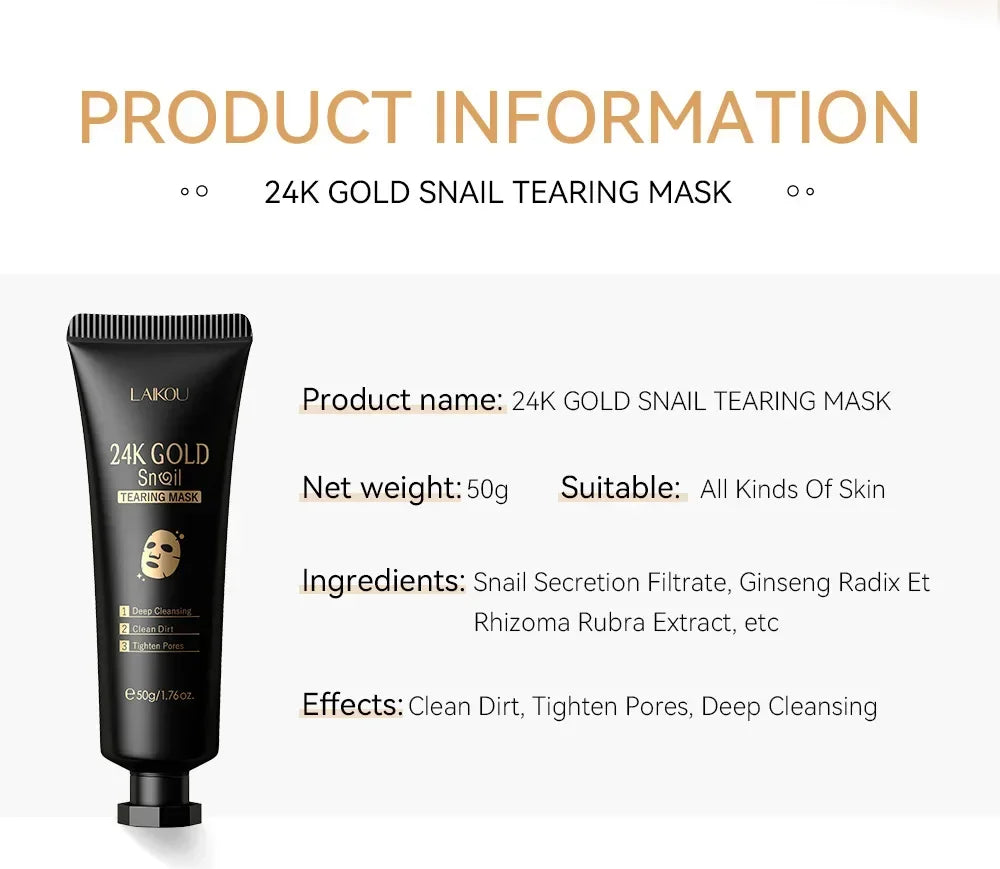 LAIKOU 24K Gold Snail Tear Off Mask, Deep Cleansing Pore Minimizing, Oil Control Blackhead Removal, Tightening Mask 50g