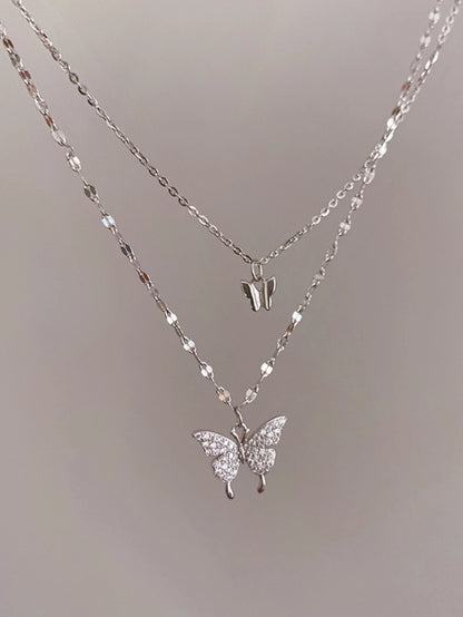 Double Layer Butterfly Necklace for Women, Lats Sparkling Collar Chain, Exquisite Jewelry, Banquet Party, Holiday Gift, 1