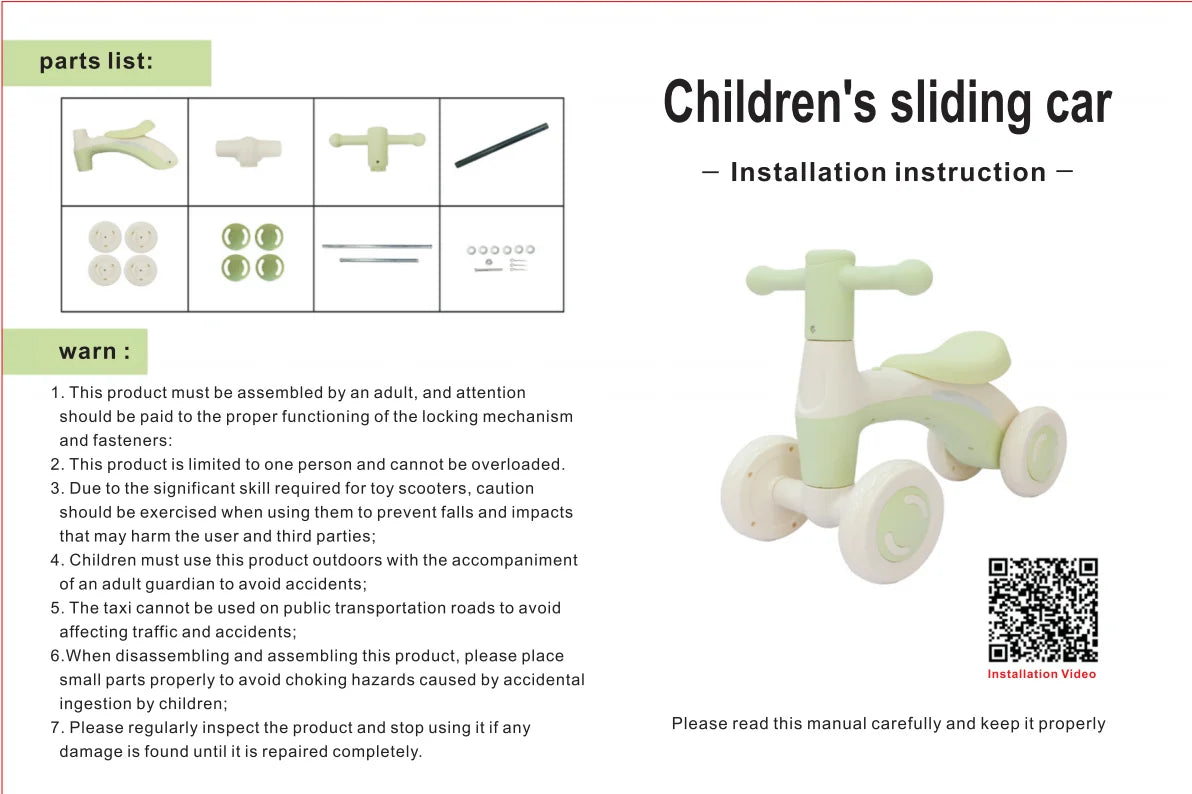 Anti-Tip Baby Balance Bike Ages 1-3 4-Wheel Silent Glider Walker Toy Toddler Training Ride-On with Safety Wheels Indoor Outdoor