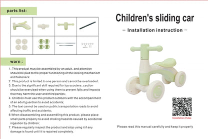 Anti-Tip Baby Balance Bike Ages 1-3 4-Wheel Silent Glider Walker Toy Toddler Training Ride-On with Safety Wheels Indoor Outdoor