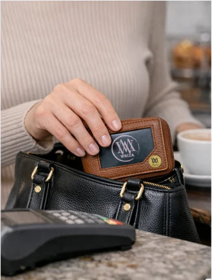 WRIZA Bi Fold Zipper Card Holder Genuine Leather with RFID Protection Slim Wallet with 10 Card Slots for Men and Women