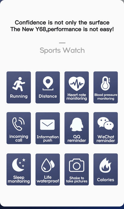 Y68 Smart Watch Men Women Heart Rate Oxygen Blood Pressure Monitoring Multi-Function Sleep Monitoring Smartwatch for Ios Android