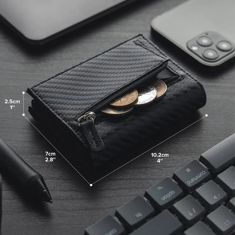 RFID Blocking Automatic Pop-Up Card Holder with Coin Compartments, Carbon Fiber & Aluminum Men's Bifold Wallet, Slim Money Purse
