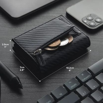 RFID Blocking Automatic Pop-Up Card Holder with Coin Compartments, Carbon Fiber & Aluminum Men's Bifold Wallet, Slim Money Purse