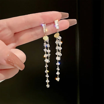 Shiny Crystal Zircon Long Stud Earrings for Women Geometric Hanging Drop Tassel Earring Fashion Party Vintage Pendant Jewelry