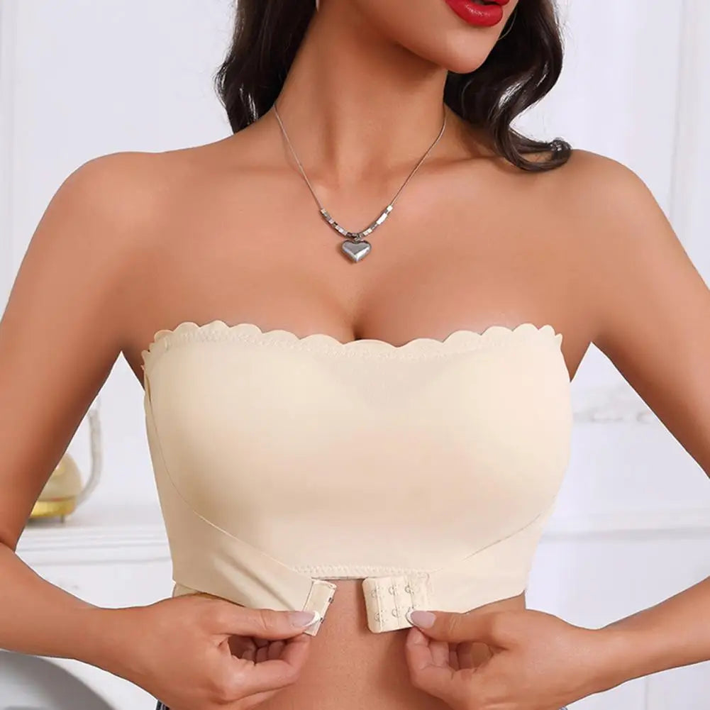 Women's Front Closure Strapless Bra Wireless Push Up Bandeau Bra Non-Slip Seamless Padded Tube Top Bra