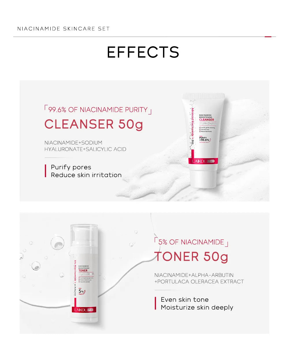 LAIKOU PRO Niacinamide Radiant Skin Care Set -Low PH Cleanser , Moisturizing Toner , Deep Nourishing Serum - Rejuvenate Cream