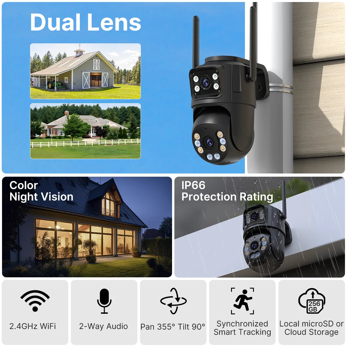 4K 8MP HD Wifi PTZ Camera Outdoor 4MP Dual Lens Dual Screen AI Auto Tracking IP Camera CCTV Audio Video Surveillance P2P iCSee