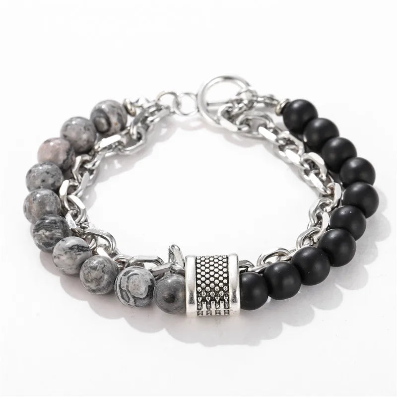 1 PCs Fashion Punk Frosted Stone Chain Geometric Double Layer Wear High Sense Trend All-Match Beaded Bracelet