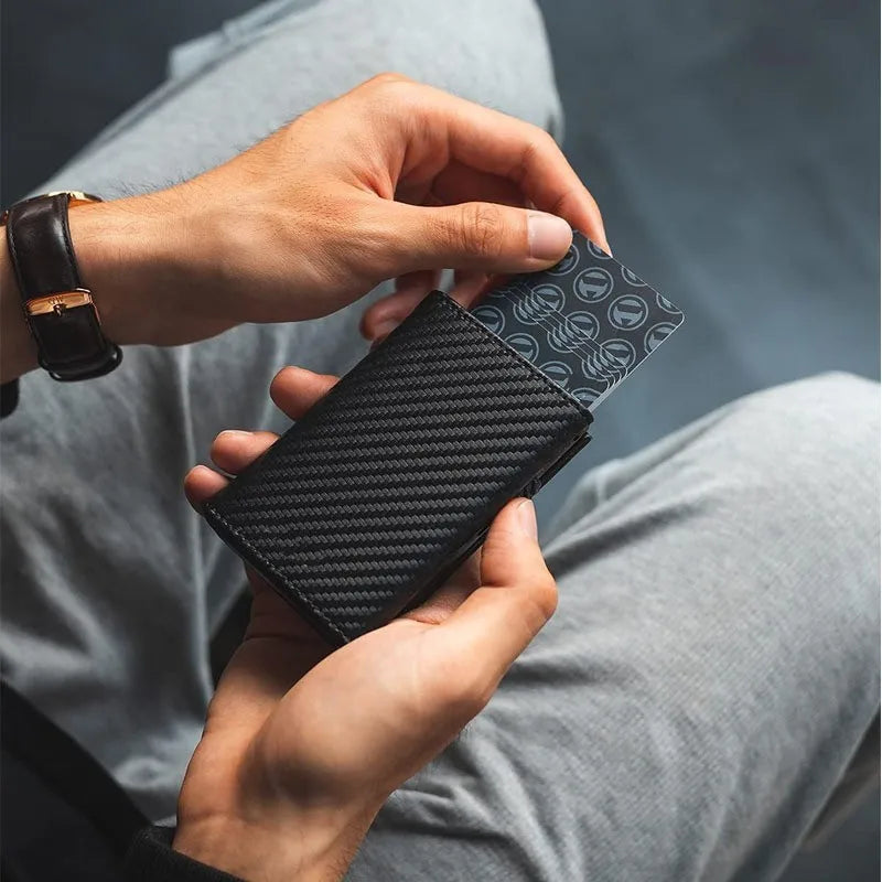 RFID Blocking Automatic Pop-Up Card Holder with Coin Compartments, Carbon Fiber & Aluminum Men's Bifold Wallet, Slim Money Purse