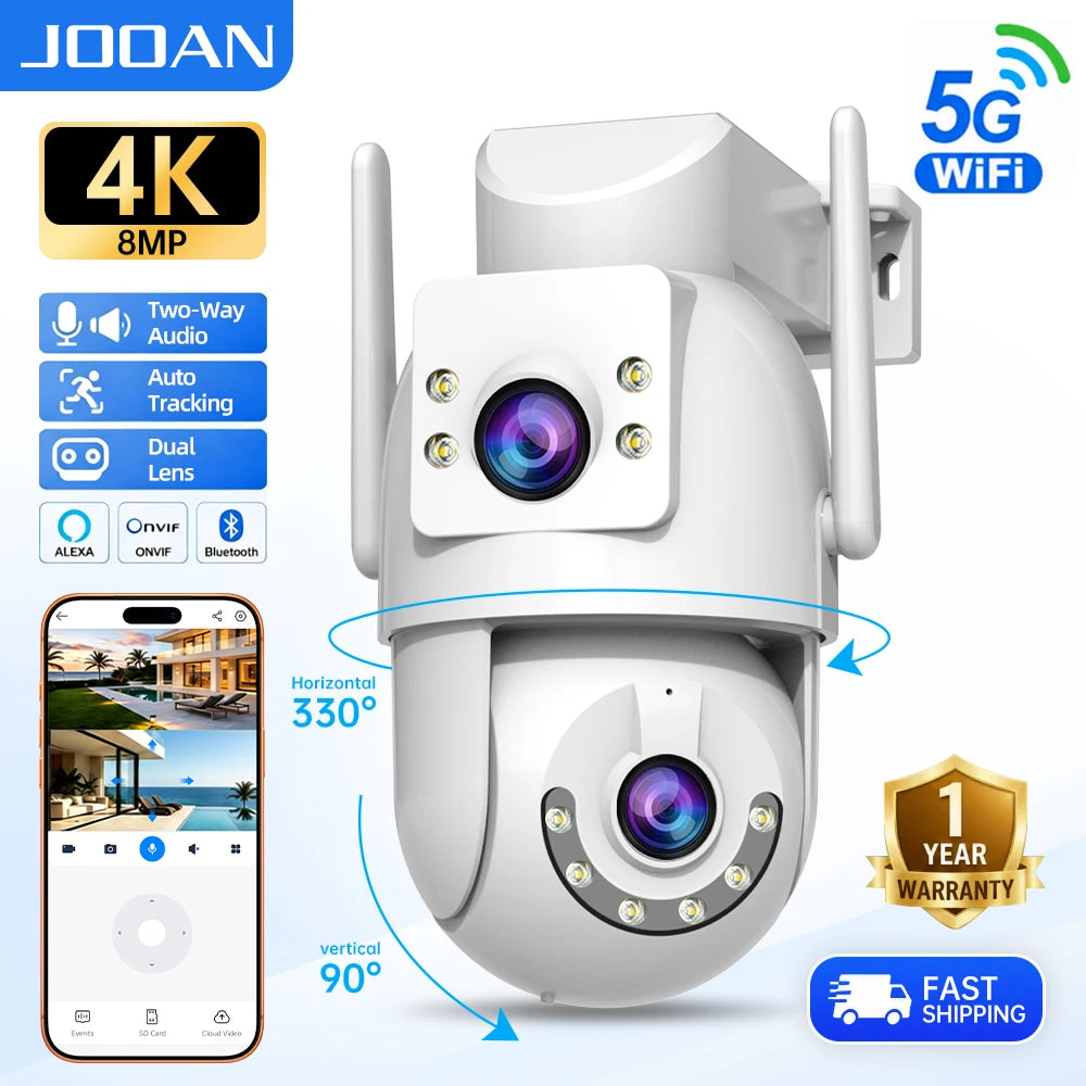 Jooan 4K 8MP HD Wifi PTZ Camera Outdoor 5G Wifi Dual Lens Security IP Cameras 5X Zoom AI Tracking ONVIF CCTV Surveillance Camera