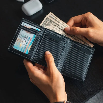 RFID Blocking Automatic Pop-Up Card Holder with Coin Compartments, Carbon Fiber & Aluminum Men's Bifold Wallet, Slim Money Purse