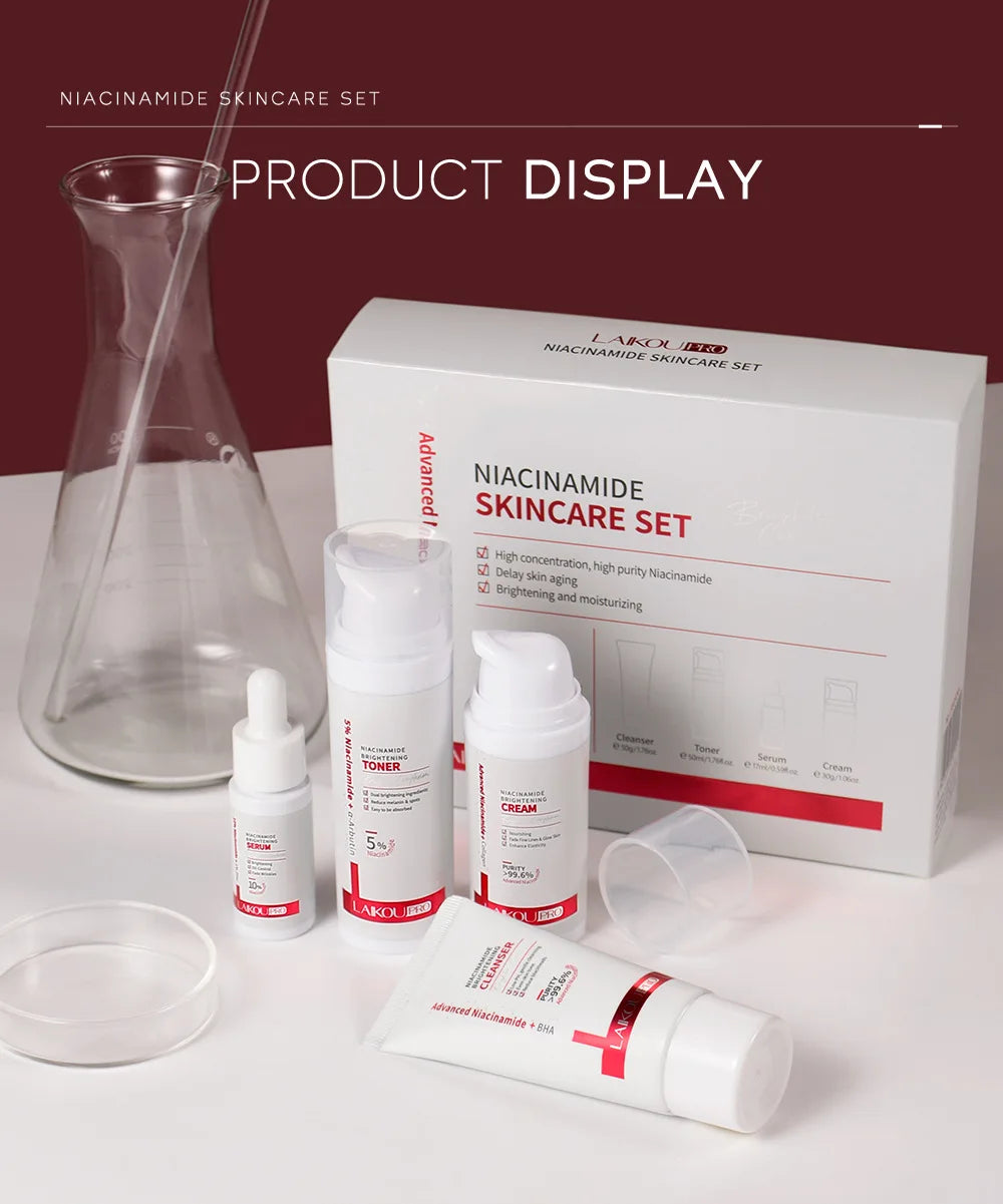 LAIKOU PRO Niacinamide Radiant Skin Care Set -Low PH Cleanser , Moisturizing Toner , Deep Nourishing Serum - Rejuvenate Cream