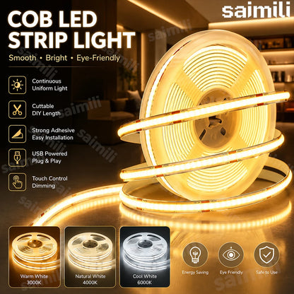 COB LED Strip 5V USB Touch Control Dimmer Dotless Linear Light Tape Self Adhesive For Wardrobe Mirror Home DIY Decor Lighting