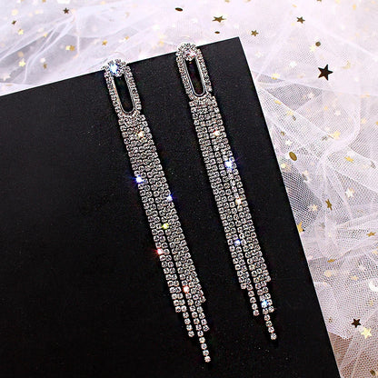 Shiny Crystal Zircon Long Stud Earrings for Women Geometric Hanging Drop Tassel Earring Fashion Party Vintage Pendant Jewelry