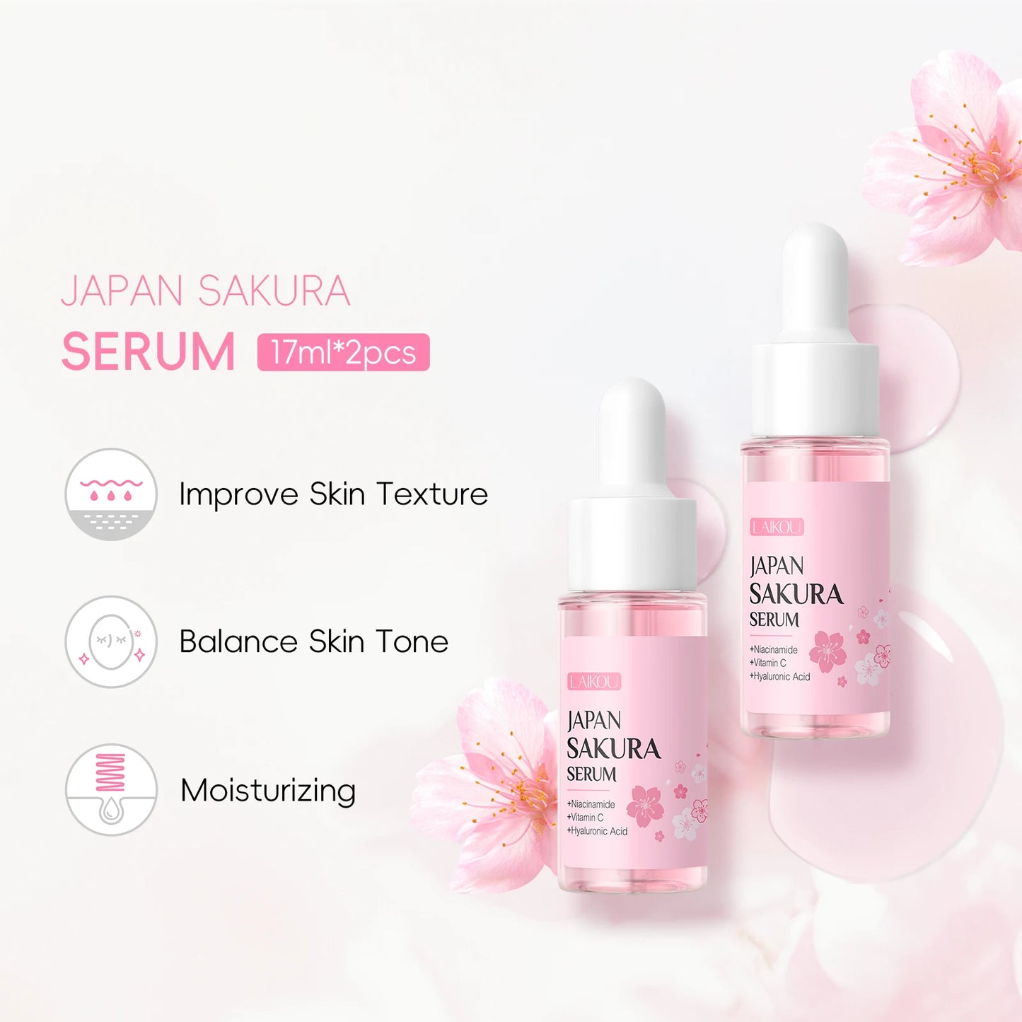 LAIKOU Japan Sakura Serum 17ml Tighten Pores Moisturizing Balance Skin Tone Brightening Facial Essence