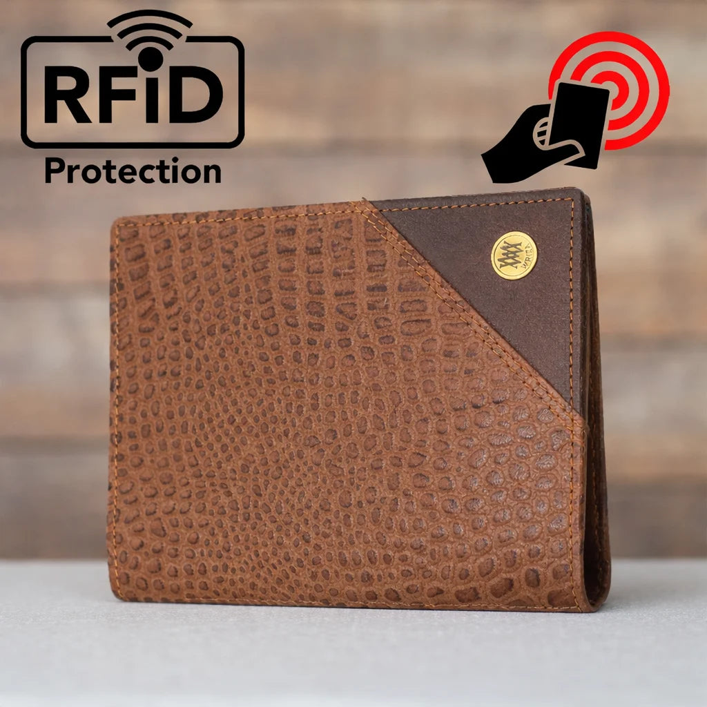 WRIZA Tan Genuine Leather RFID Protected Wallet for Men Women Trips 3 Card Sim Memory Card Slots Passport Cover for Credit Cards