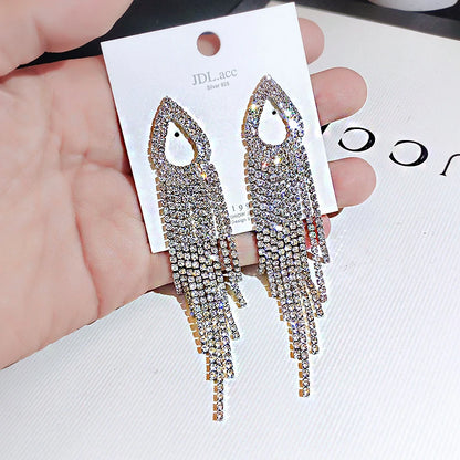 Shiny Crystal Zircon Long Stud Earrings for Women Geometric Hanging Drop Tassel Earring Fashion Party Vintage Pendant Jewelry