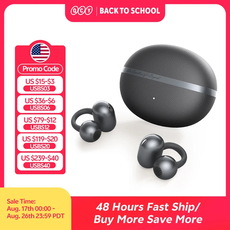 QCY Crossky C50 Open Ear Wireless Earbuds Bluetooth 6.0 Comfort Clip On Sports Earphone 4 Mic AI Clear Call Bass Boost Headphone