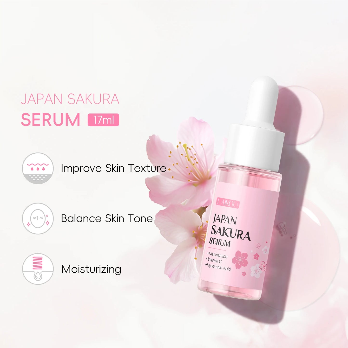 LAIKOU Japan Sakura Serum 17ml Tighten Pores Moisturizing Balance Skin Tone Brightening Facial Essence
