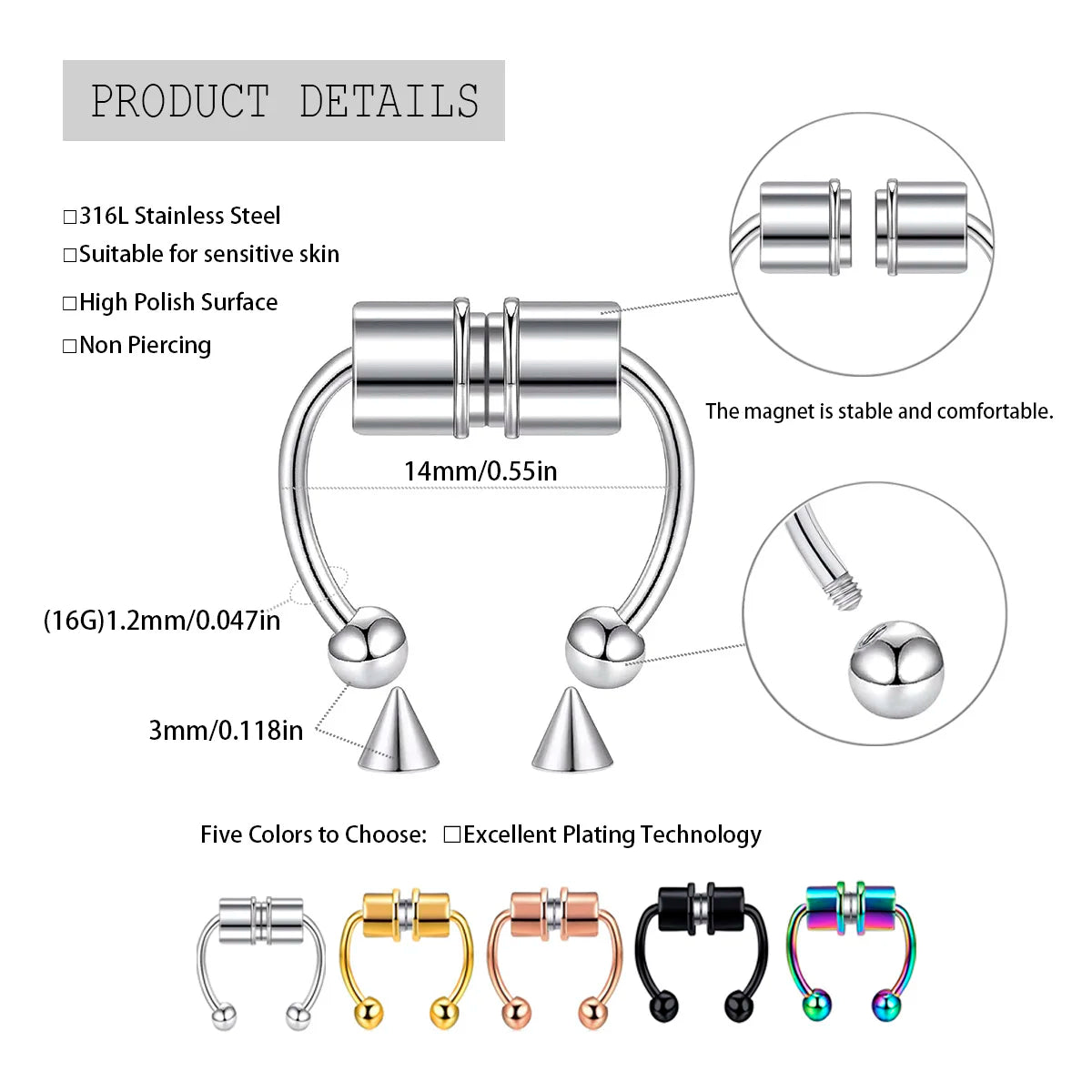 Magnetic Non Pierced Nose Ring Stainless Steel Horseshoe Hoop 2 Or 5 Pcs