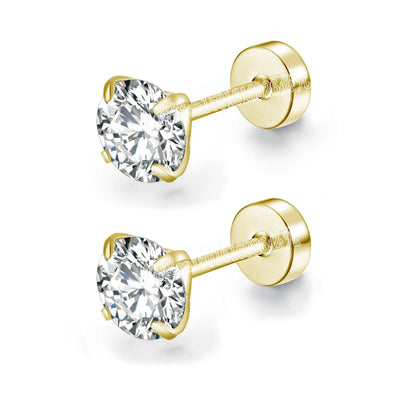XUBCHC Stainless Steel Round Cubic Zirconia Ear Piercing For Women Men CZ Shiny Silver Color Stud Earrings Black Body Jewelry