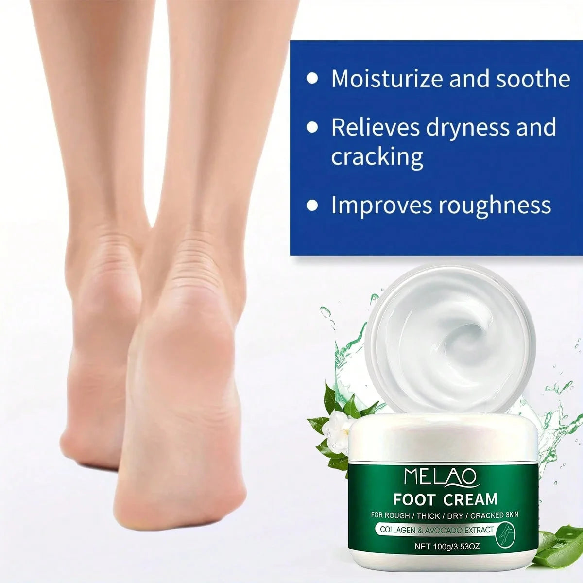 MELAO Collagen Foot Cream for Cracked Heels & Dead Skin -  Avocado Extract Formula Repairs Dry Feet, Softens Rough Skin