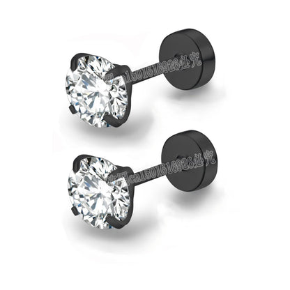 XUBCHC Stainless Steel Round Cubic Zirconia Ear Piercing For Women Men CZ Shiny Silver Color Stud Earrings Black Body Jewelry