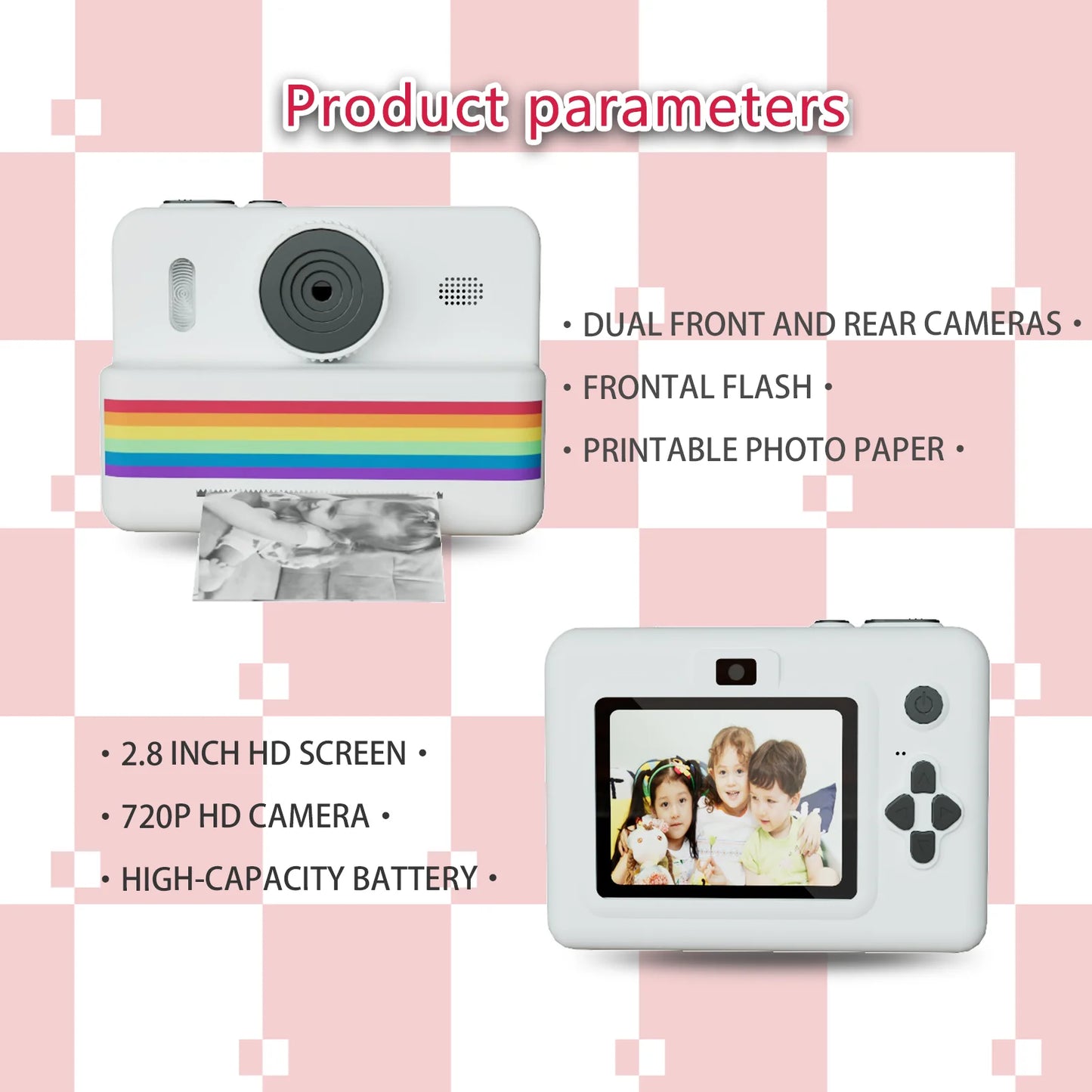 Kids Instant Camera with 32GB Memory Card & Color Pencil, Dual Cameras, Flashlight, the Perfect Gift for Boys and Girls.