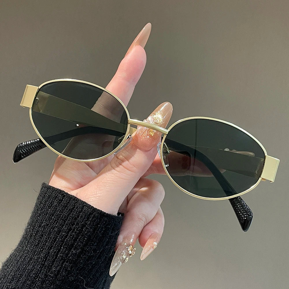 Oval-Shaped Women'S/Men's Sunglasses, Fashionable Metal Frame Sunglasses, Classic Style, Uv Protection Feature, Casual Street Style