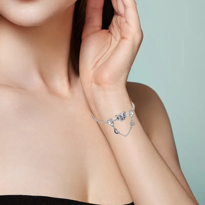 S925 Silver Plated Star Moon Safety Chain Charms Beads Fit Original Bracelet Fine DIY Birthday Jewelry