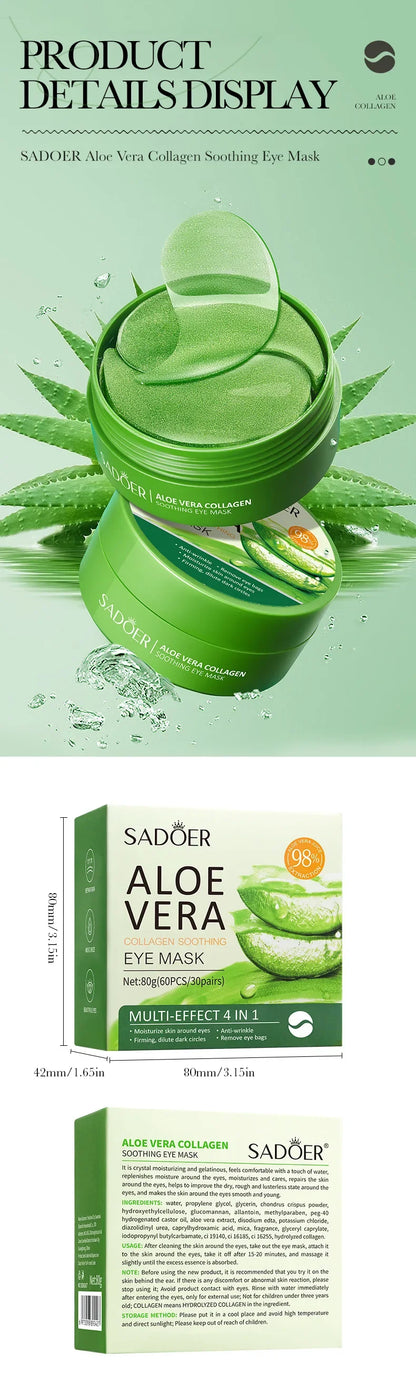 60 Pieces of Aloe Vera Collagen Eye Mask Moisturizing  Firming , Bright and Transparent Eye Mask Patches, Suitable for All Skin