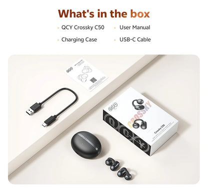 QCY Crossky C50 Open Ear Wireless Earbuds Bluetooth 6.0 Comfort Clip On Sports Earphone 4 Mic AI Clear Call Bass Boost Headphone