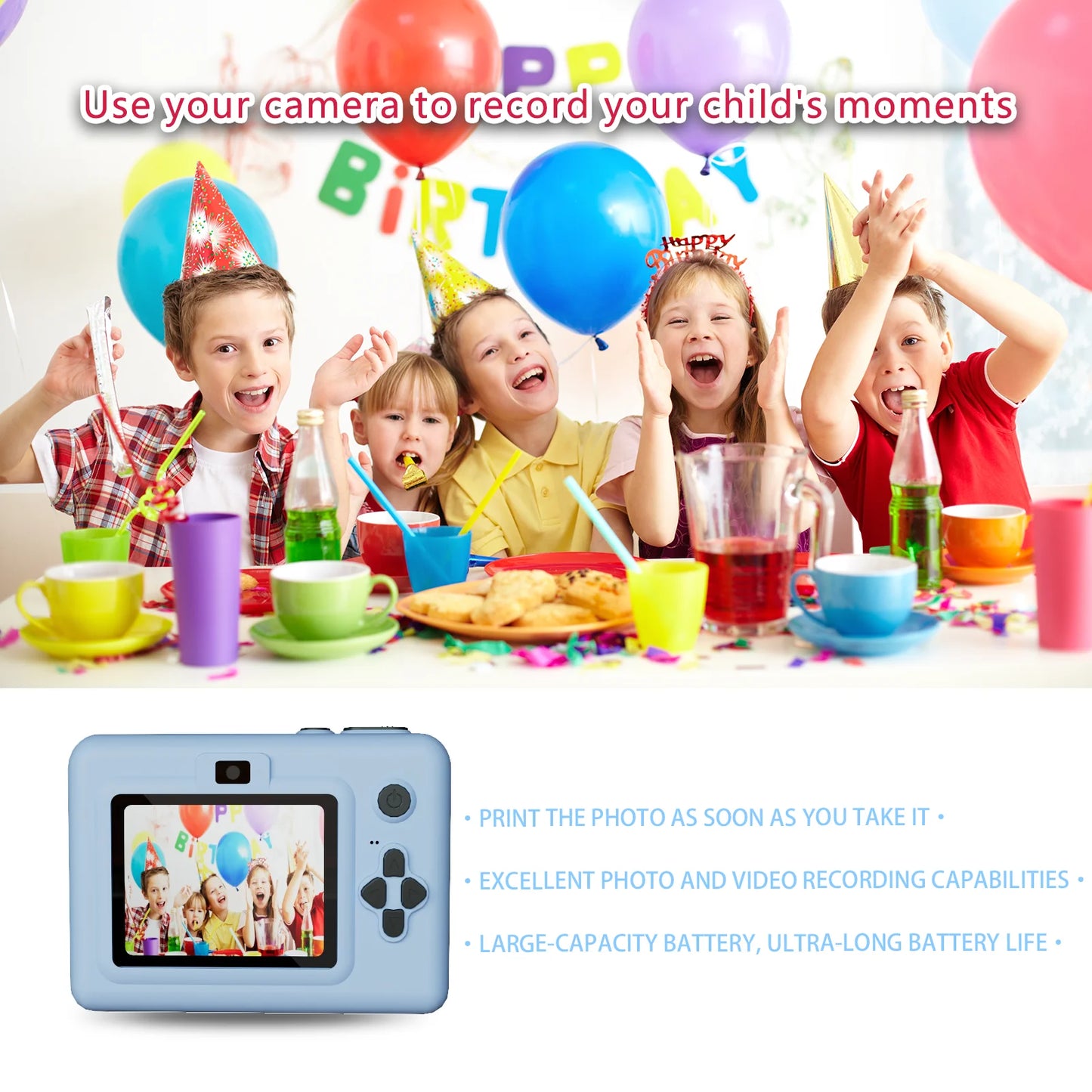 Kids Instant Camera with 32GB Memory Card & Color Pencil, Dual Cameras, Flashlight, the Perfect Gift for Boys and Girls.