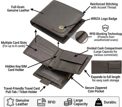 WRIZA Men's Trendy Formal Genuine Leather Durable Wallet with RFID Protection No Zipper Closure Large Capacity & Travel Friendly