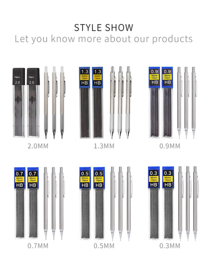 Mechanical Pencil Set 0.3 0.5 0.7 0.9 1.3 2.0mm Full Metal Art Drawing Painting Automatic Pencil with Leads Office School Supply