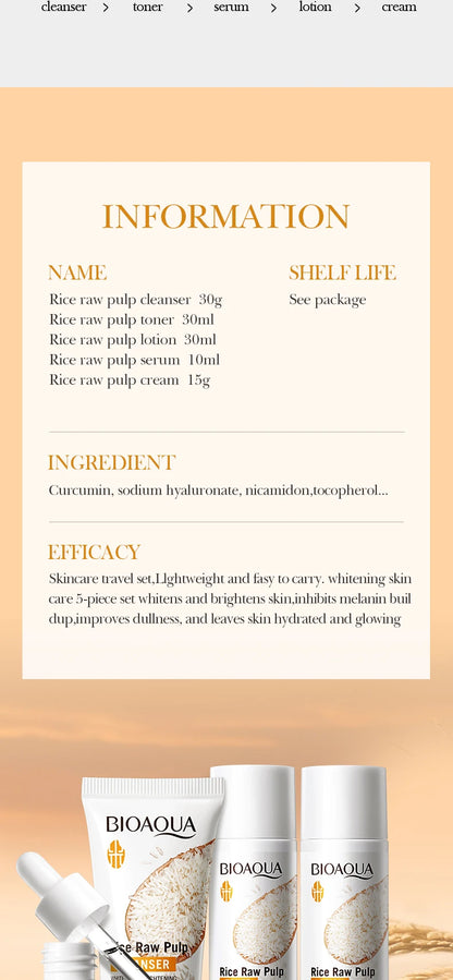 BIOAOUA Rice Whitening Skin Care Set, facial cleanser+toner+essence+lotion+cream,Brightning Htdrating Serum,Women skin care