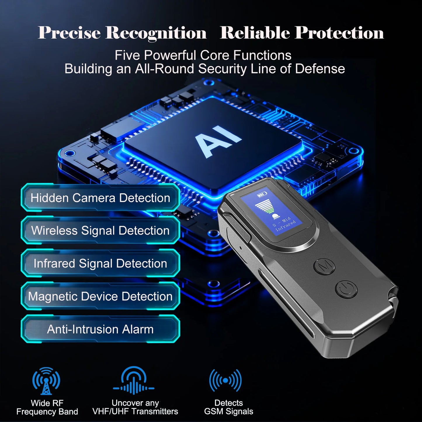 AI-Powered Portable RF Signal Scanner Hidden Camera Detector With HD Display Anti-Spy Device for Hotel And Travel Safety