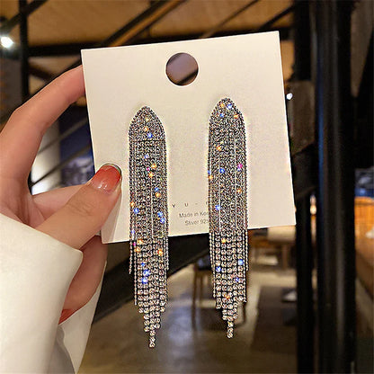 Shiny Crystal Zircon Long Stud Earrings for Women Geometric Hanging Drop Tassel Earring Fashion Party Vintage Pendant Jewelry
