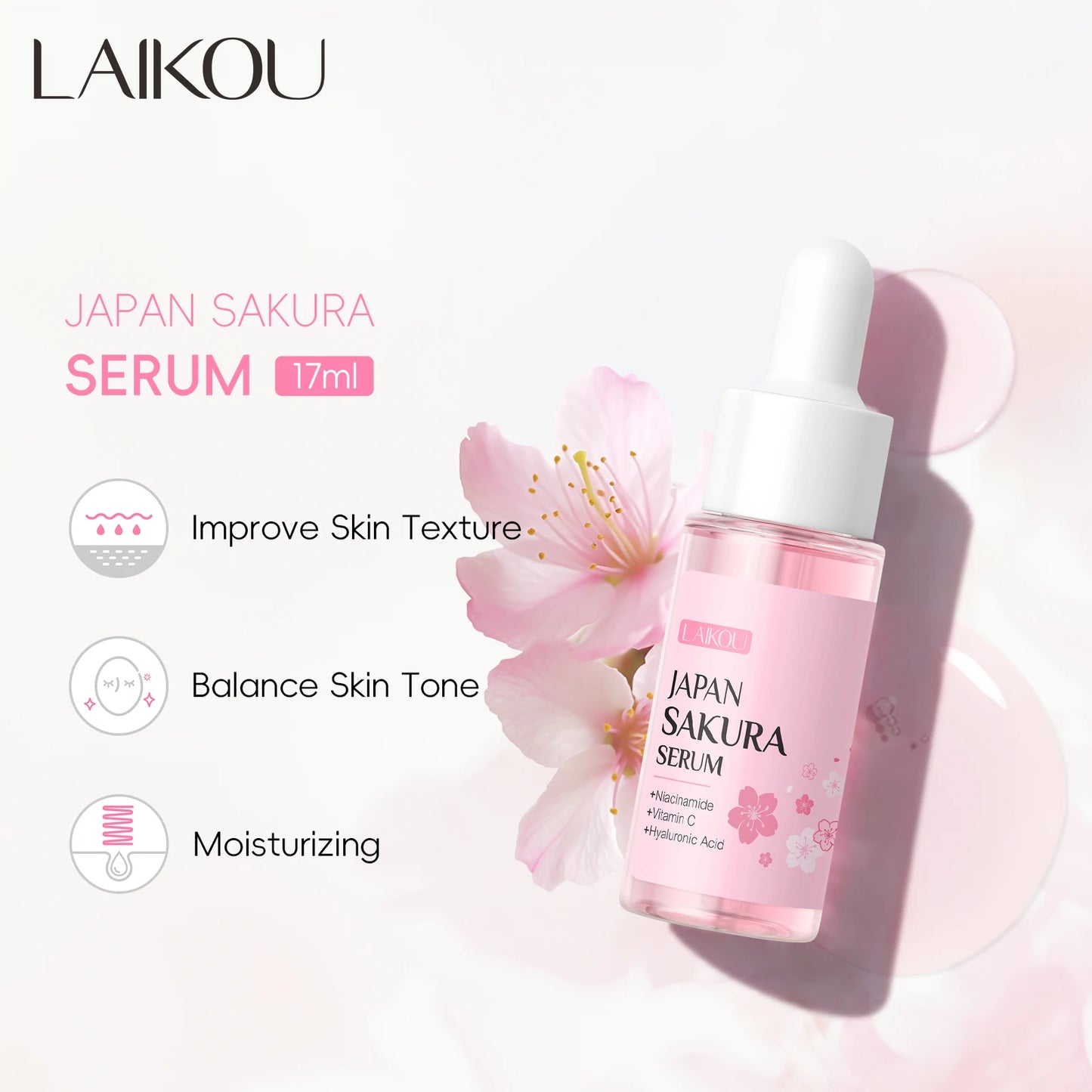 LAIKOU Japan Sakura Serum 17ml Tighten Pores Moisturizing Balance Skin Tone Brightening Facial Essence