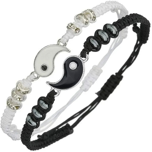 Adjustable Couple Bracelets Black White Rope Yin Yang Zinc Alloy Lovers Set