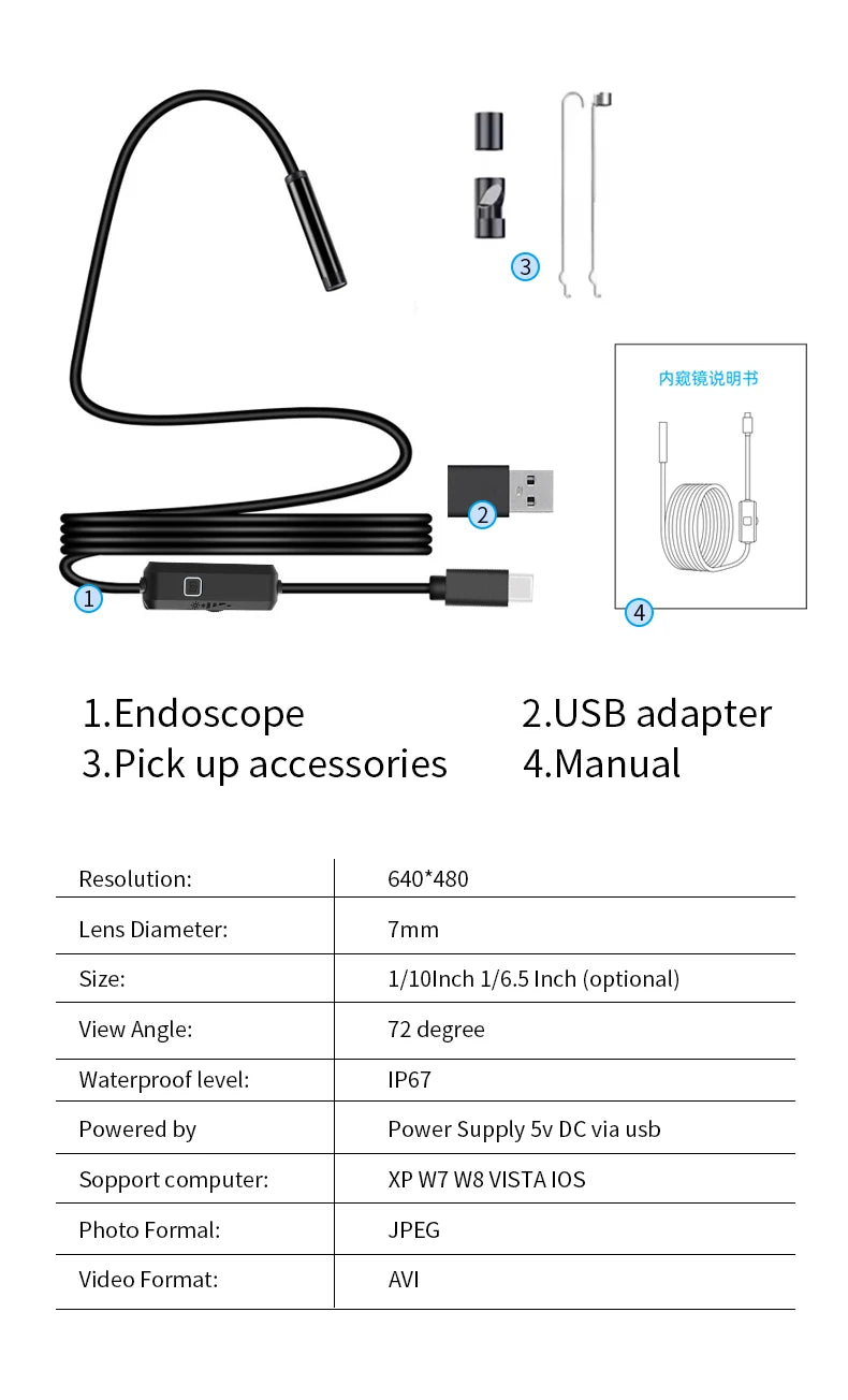7MM TYPE-C Android Endoscope Camera IP67 Waterproof 6 LED Adjustable Borescope Mini Camera with 6 LEDs
