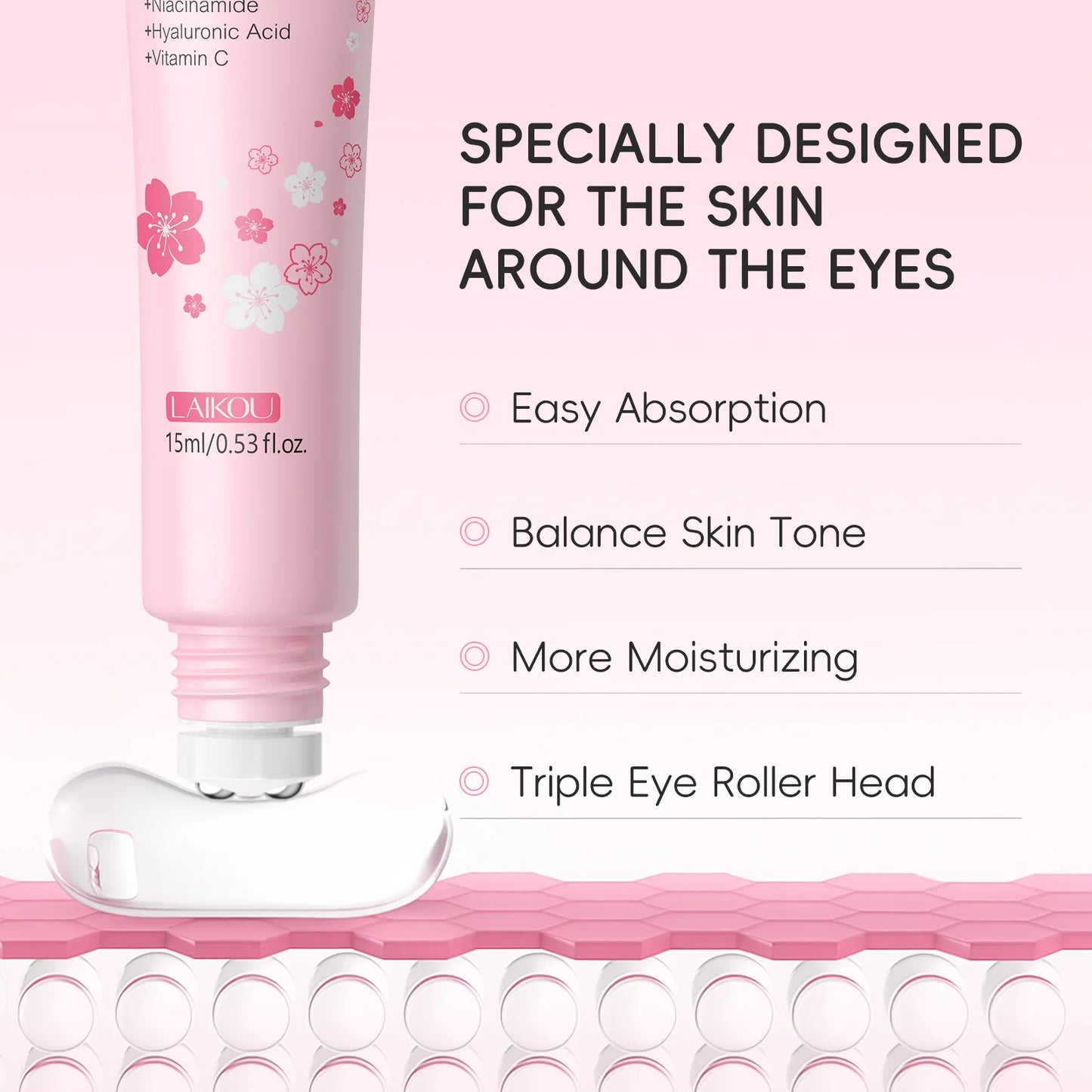 LAIKOU Sakura Roller Eye Serum 15ml Moisturizing Eye Care Reduce Dark Circles Puffiness Fine Lines Anti Aging Brightening Eye