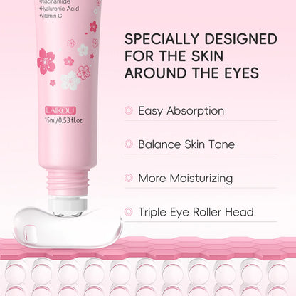 LAIKOU Sakura Roller Eye Serum 15ml Moisturizing Eye Care Reduce Dark Circles Puffiness Fine Lines Anti Aging Brightening Eye